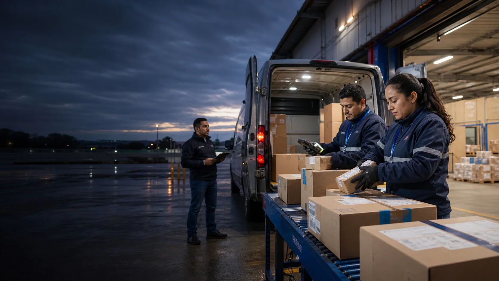 Equipo de logística preparando y escaneando paquetes junto a una camioneta de reparto.